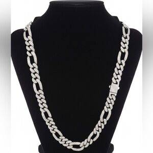 Luxury Silver-Tone Iced Out 24" Figaro Link Chain Necklace